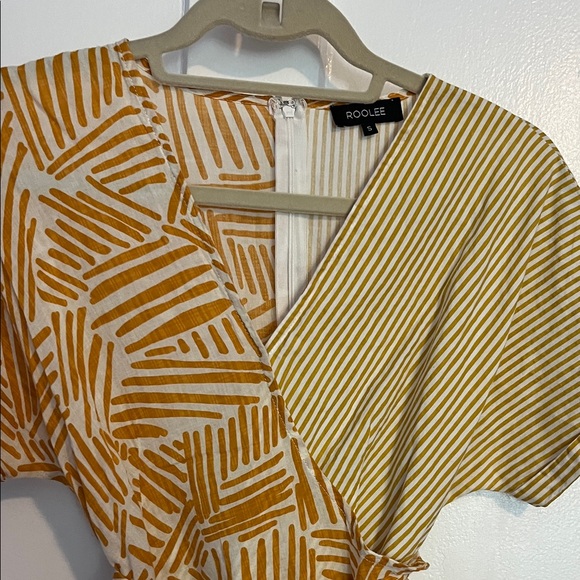 Roolee faux wrap Dress in golden Tan and Cream - Picture 5 of 13